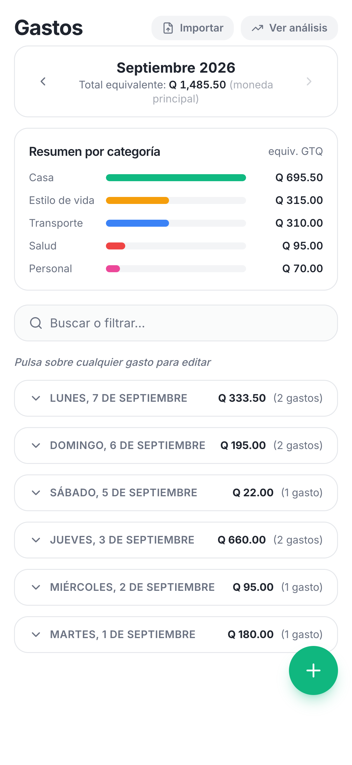 Pantalla real de Gastos de Flowi con datos de demostración