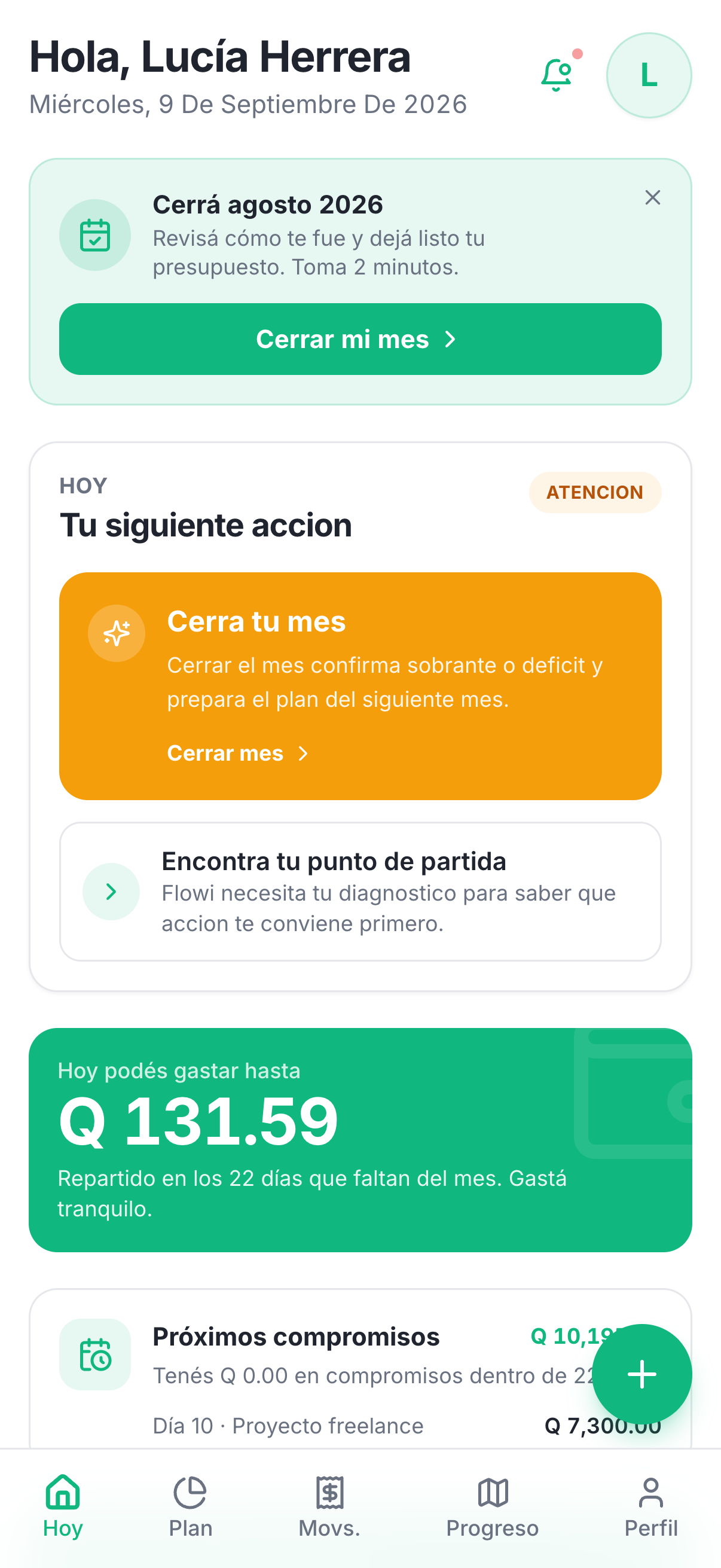 Pantalla real de Flowi: Hoy, con perfil de demostración